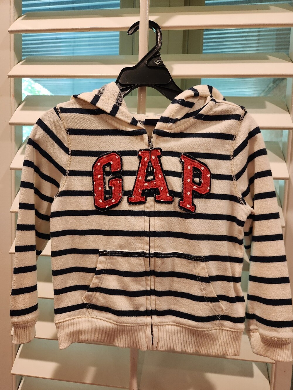 GAP Red, White, & Blue Striped Hooded Zip Sweatshirt with Red Logo, Size 3T